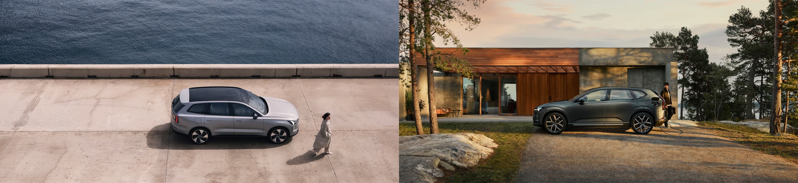 Two Volvo electric SUVs: one seen from above on a quayside by the water, and one charging outside a wooden house among pine trees