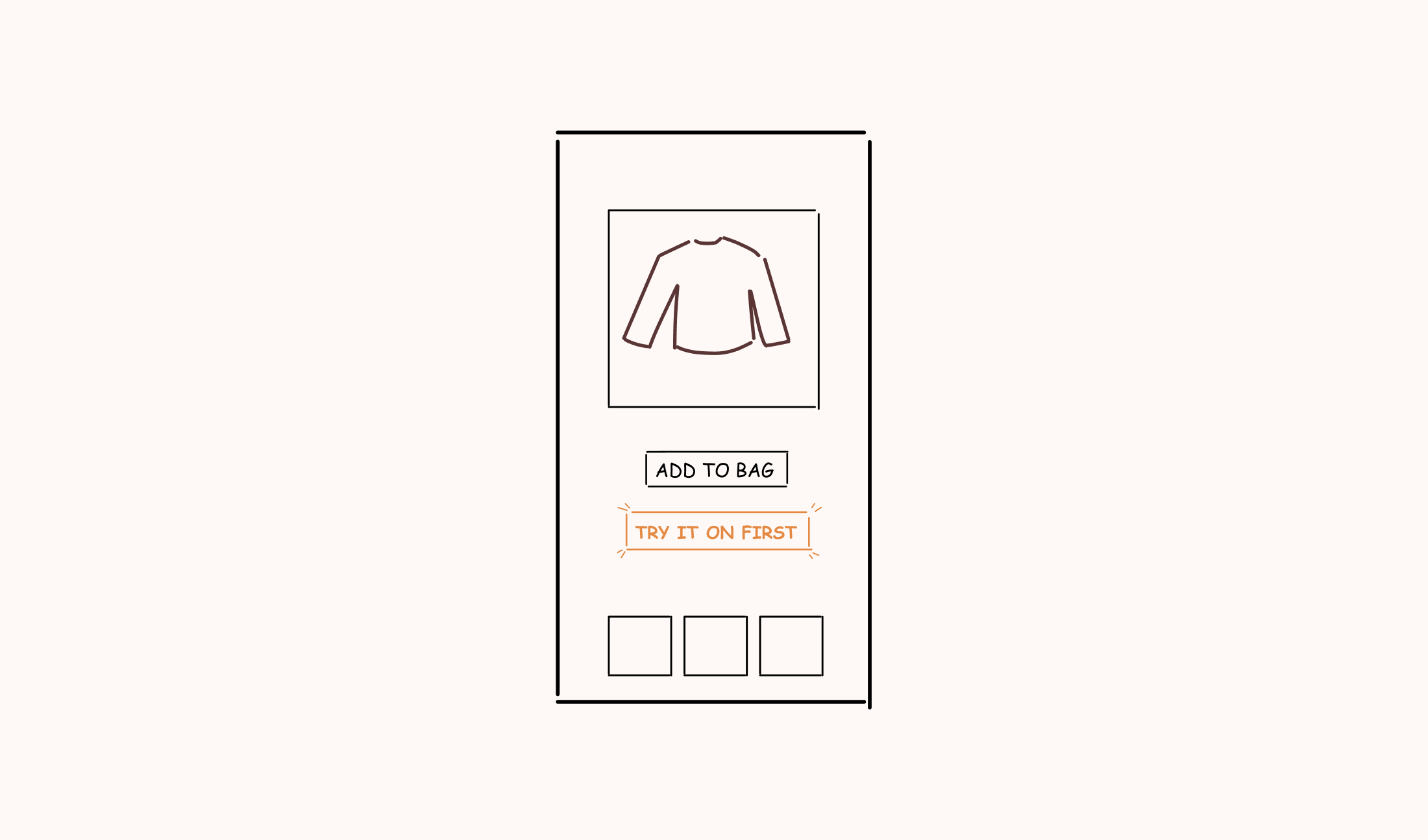 Hand-drawn product page sketch: a sweater with an Add to bag button and, beneath it, a highlighted Try it on first button