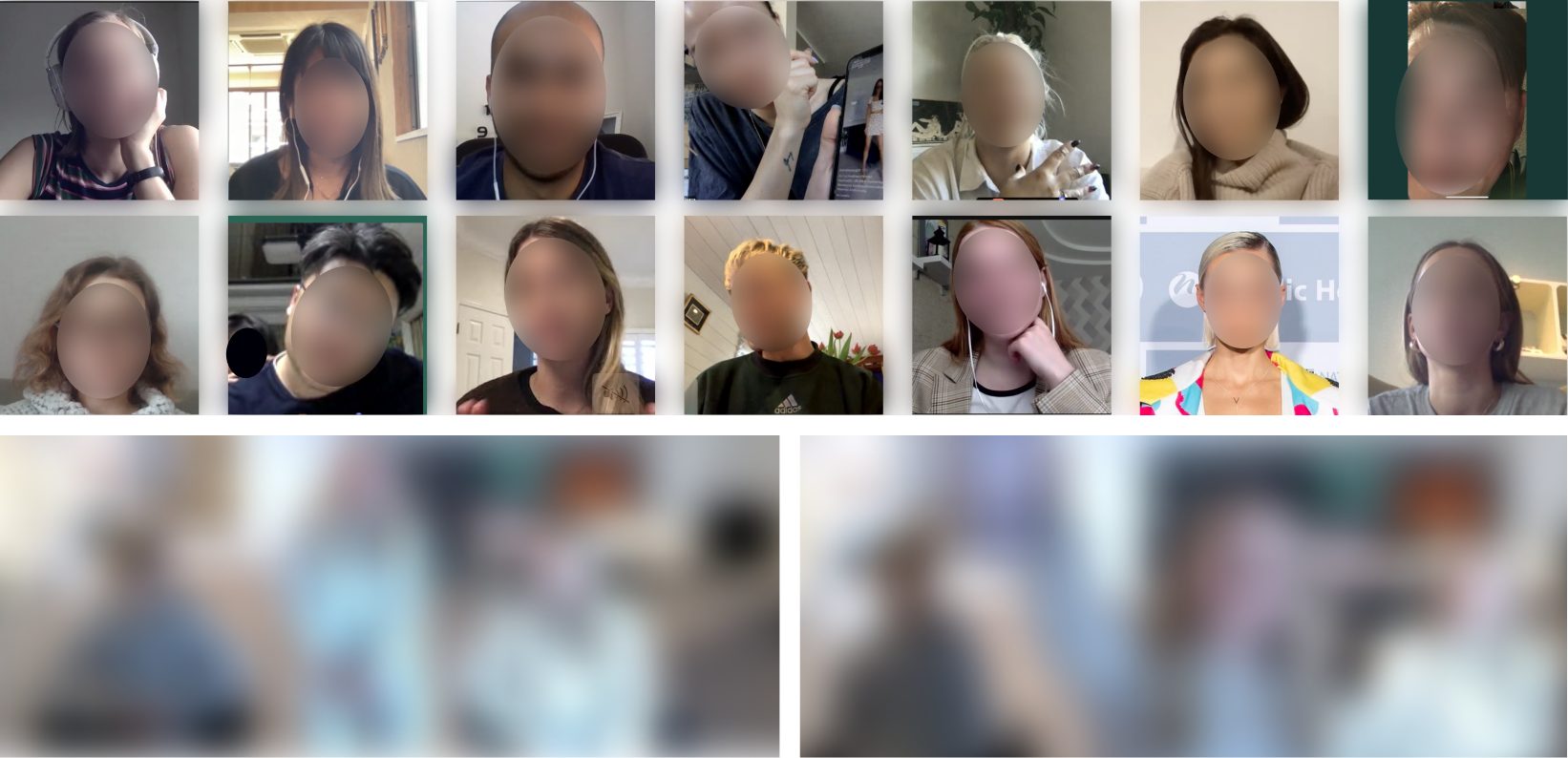 A grid of research participants on video calls, faces blurred for privacy, above two blurred group call screens