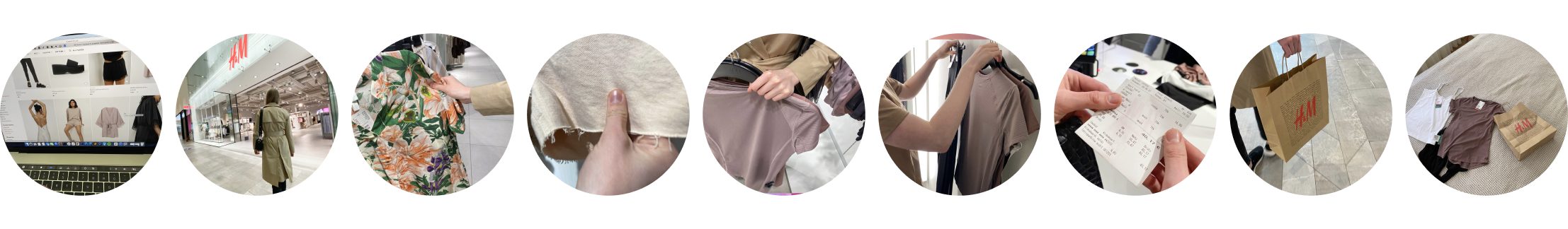 A shopping journey told in photos: browsing clothes online, arriving at an H&M store, looking through rails, feeling the fabric, trying on a top, the receipt at checkout, carrying the H&M bag, and the clothes laid out at home