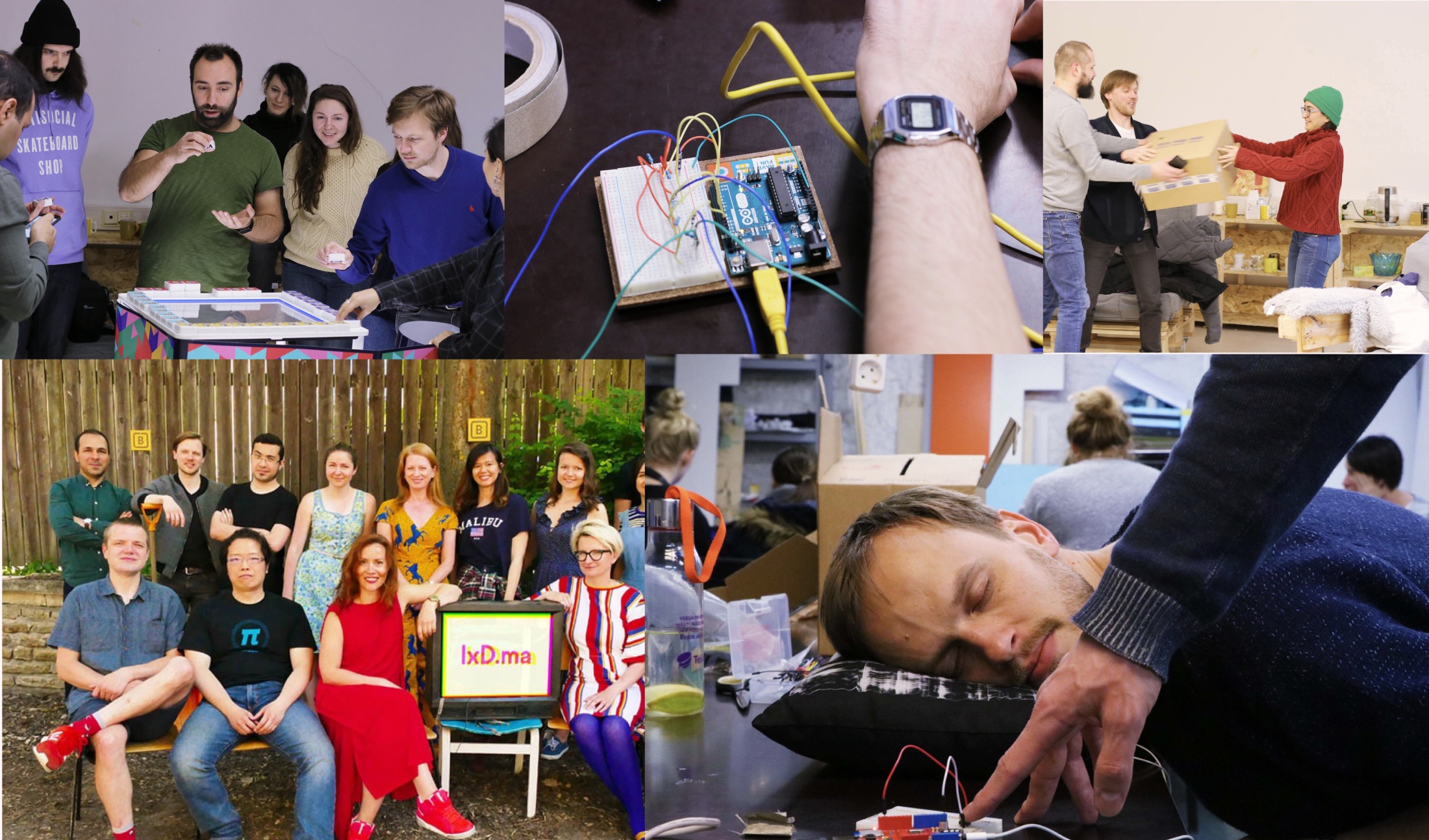 Collage of IxD.ma program photos: students prototyping, presenting, and group portraits