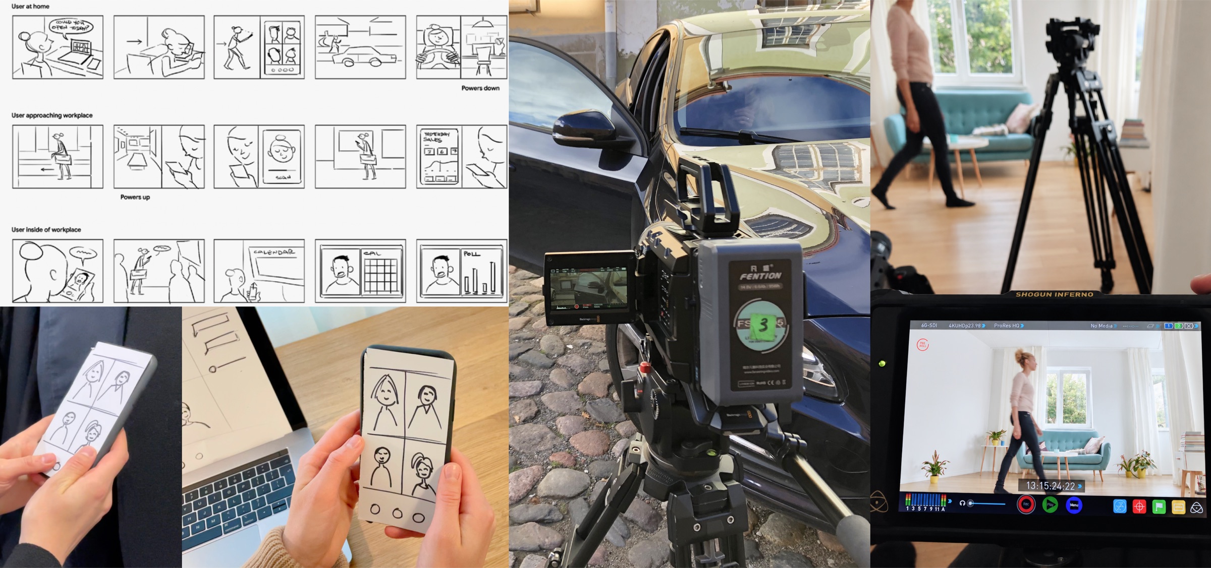 Storyboard sketches of a user at home, approaching and inside a workplace, beside photos of paper prototypes held on phones, a cinema camera set up beside a car, and a camera monitor showing the scene being filmed